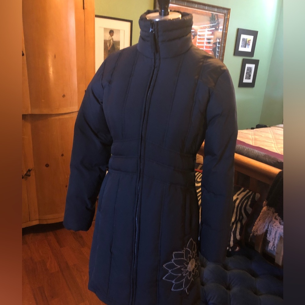 Athleta Down Puffer Parka Jacket dual zipper Coat with hood & embroidered detail - Picture 1 of 12